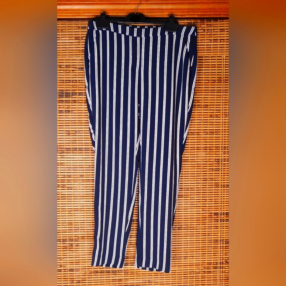 Blue and White Straight Leg Pants with Vertical Stripes